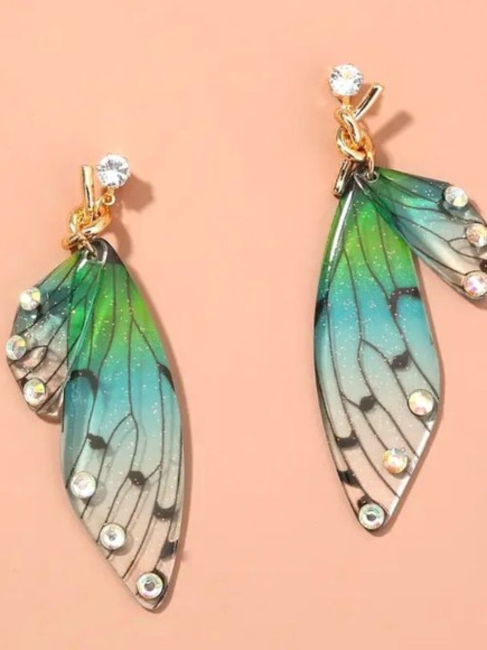 Whimsical resin rhinestone butterfly wing stud earrings green blue